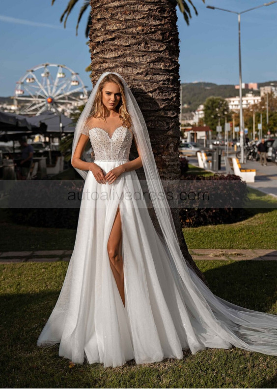 Short Sleeves Beaded Ivory Lace Glitter Tulle Slit Wedding Dress Short Sleeves Beaded Ivory Lace Glitter Tulle Slit Wedding Dress